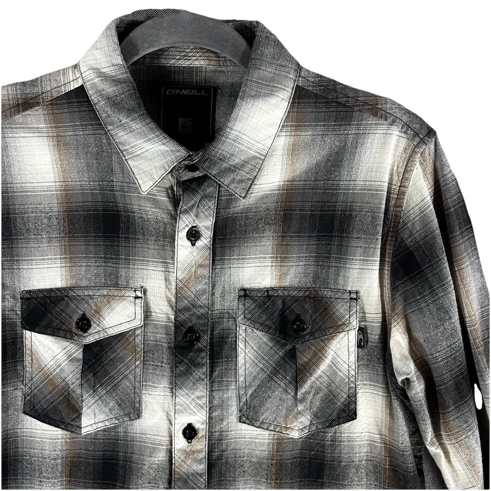 O'Neill Flannel Shirt Mens Small Grey‎ Brown Shadow Plaid Cotton Surf Skate Y2K
